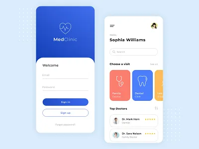 Med Clinic App app app design application applications blue clinic design doctor med medical medicine minimal mobile mobile ui sign in sign up top ui uiux visit