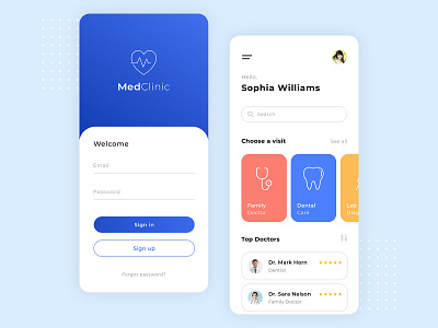 Med Clinic App app app design application applications blue clinic design doctor med medical medicine minimal mobile mobile ui sign in sign up top ui uiux visit