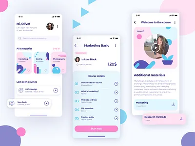 eLarium – Courses Mobile App app application blue colors concept courses design education education app interface ios learn learning learning app minimal pink school study ui ux