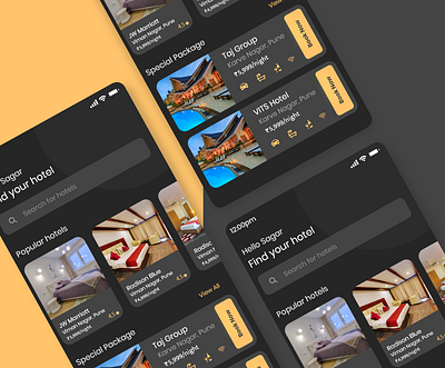 Hotel Booking app app black booking dark theme ui design dropshadow gradient hotel hotel app hotel booking travel agency travel app uidesign