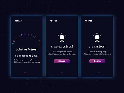 Astros App Onboarding app astrology dark horoscopes mobile ui onboarding signup ui zodiac zodiac signs