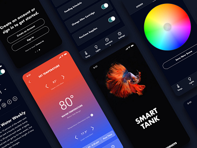 Smart Fish Tank app colorwheel dark theme dark theme ui design device ios iot mobile mobile app mockup temperature ui ux