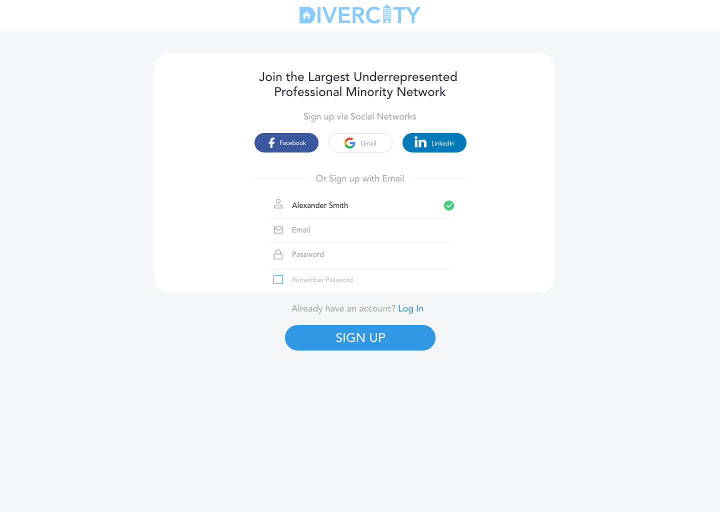 Example of Sign up page for Divercity.io created in Sketch.
