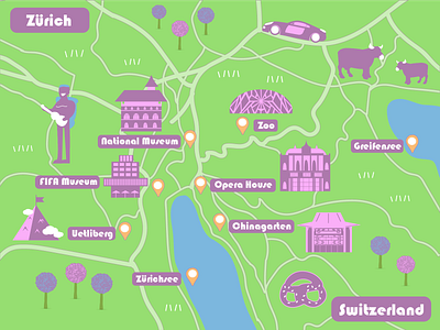 Map of Zurich advertising ai art booklet branding design dribbbleweeklywarmup green guide illustration map map design sight sightseeing travel typogaphy typography vector violet zurich