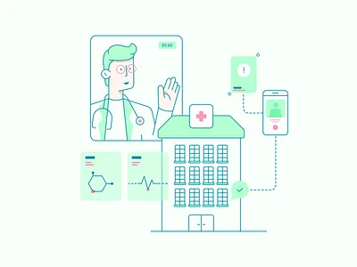 Doctors Online Collection digital illustration digital product doctors green iconography illustration lavender medical onboarding illustration pictogram platform product illustration remote work ui ux