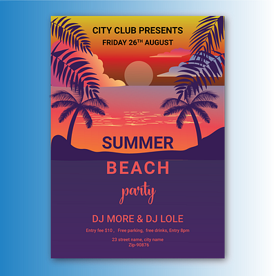 summer beach party flyer design beach branding cloud flyer illustration landing page modern party party flyer sea summer sun sunset travel trees