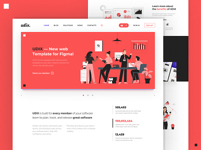 udix. — Figma Web UI Kit adaptive figma free freebie illustration landing marketing premium red template theme udix ui ui kit ui8 ux web white