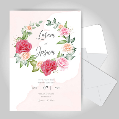 Beautiful floral wedding invitation card with watercolor creamy beautiful bouquet card decoration decorative design elegant floral greenery greeting illustration invitation leaf natural plant romantic rose vector watercolor wedding