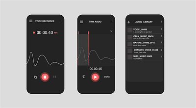 Sound/Voice Recorder in Dark Mode app design appredesign audio audio app branding dark ui darkmode design mobile mockup music app soundrecorder ui uidesign uxdesign voicerecorder wireframe