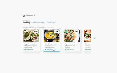 Meal Plan Dish Selection calendar cards ui customer experience desktop design dish elegant food grey hover effect interaction light minimal navigation neumorphism selection ui ui ux ux