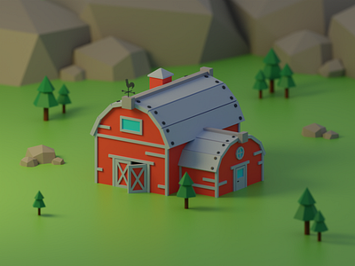 The Barn 3d 3d art 3drender barn blender blender3d blendercycles cycles farm grass lowpoly lowpoly3d mountain nature rocks trees