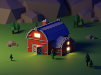 The Barn (Night Version) 3d 3d art 3dart barn blender blender3d blendercycles cycles farm farming game glow grass lights lowpoly mountain nature night rocks tree