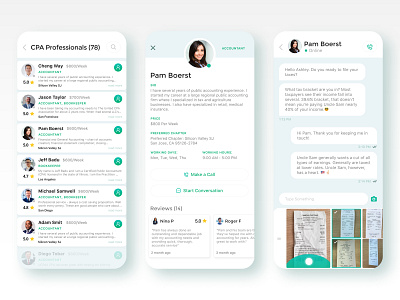 Taxplain App - Professionals List, Profile, Conversation accountant app appdesign bills bio bookkepers camera chat conversation cpa greenui list professionals profile ranking receipt reviews ui userbio ux