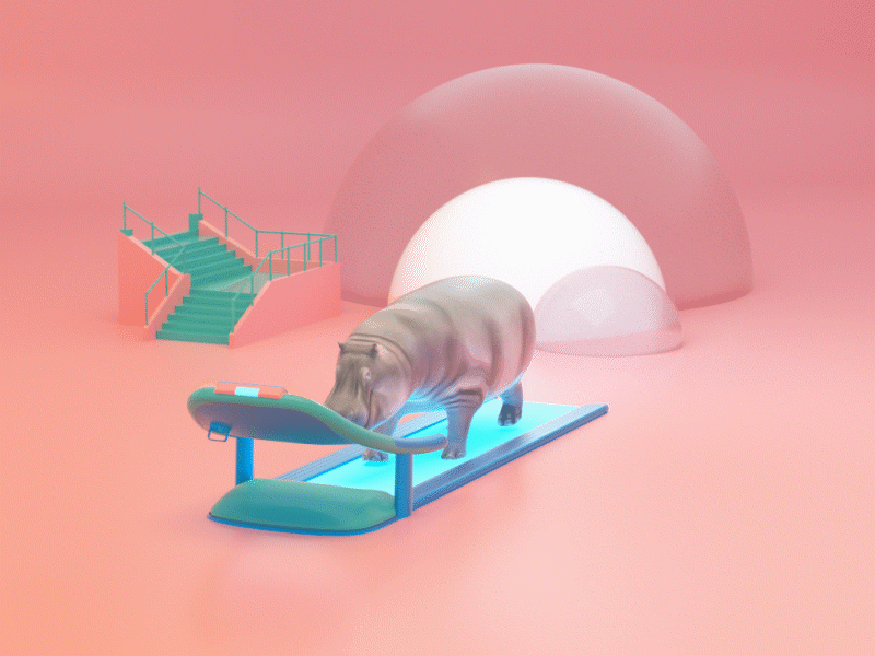 hippo on treadmill 3d art 3d visualization advertisement animation animator art direction c4d character character animation cinema 4d designer hippo hippocampus illustration lockdown motion design octane render octanerender treadmill