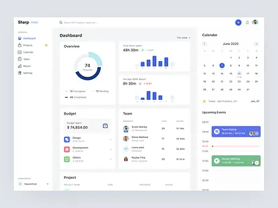 Project Management - Dashboard blue board calender card cards dashboard design events filter grey icon minimal overview product design profile project management sidebar navigation typography ui ux