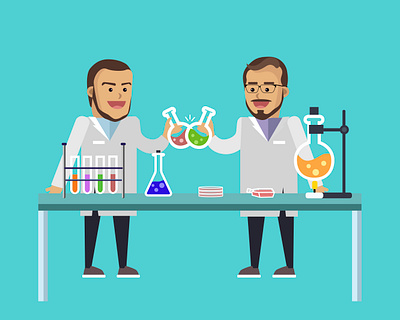 Scientists 2d art adobe illustrator beakers cartoon character design lab laboratory linework science illustration scientific illustration simplistic