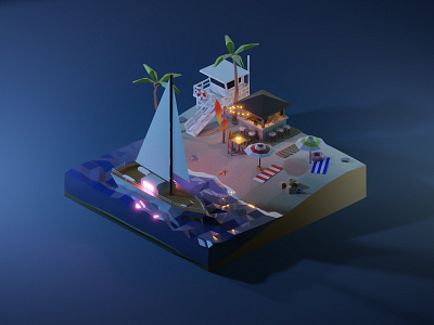 Low Poly Beach At Night 3d 3dillustration 3dmodeling b3d beach blender3d diorama illustration isometric low poly lowpoly lowpolyart night palms render renders summer