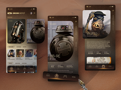 DroidDepot App app brown dealer depot desert droids galaxy gold grunge interface mobile movies product product design space star wars tatooine ui unfold ux