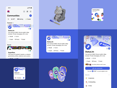 Status Communities blue branding card cat chat color community cover crypto dark design system drawer illustration messaging mobile product status tags tubik web3
