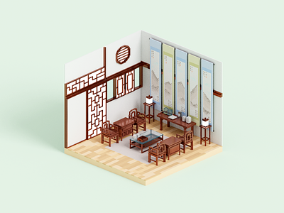 Landscape 3d chinese illustration render room voxel voxelart