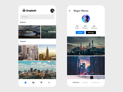 Unsplash App Redesign app app design beautiful clean design facebook free minimal photo photographer photography photos prototype redesign social social media social media design social network ui unsplash