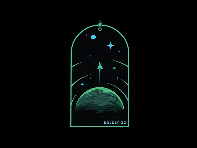 Boldly Go II black galaxy graphicblack graphicdesign logo merch peter gutierrez planet planet earth planetary planets scifi solar system space spaceman spaceship stars tshirt universe vector