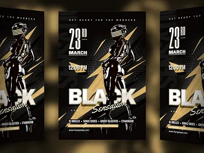 Black Sensation Party Flyer bdsm black electronic fest flyer girl gold golden helmet latex leather motorcycle party sensation sexy sport techno thunder