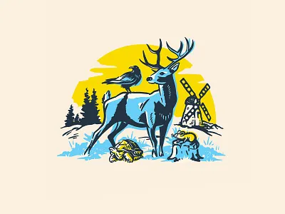 The Four Friends animal beer brand brewery crow deer design graphic design illustration landscape logo mouse nature sky sun turtle vintage windmill