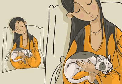 Sofia with Trufel artwork brush cat characterdesign girl illustration line lovely orange scetch sleep