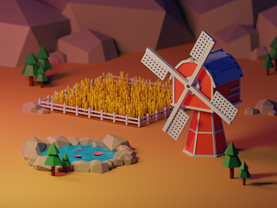 The Mill 3d 3dart 3drender blender blender3dart blendercycles crops cycles farm fence field lake lowpoly mill mountain render tree wheat windmill