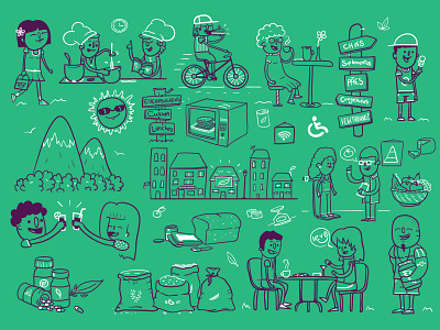 healthy life bread cartoon character city coffee cook drink fitness food green health juice mural shake vector