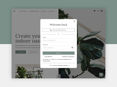 Houseplant Subscription Website - Sign in houseplants interactive design login design login form login screen modal overlay plants sign in subscriptions ui ux ux ui website