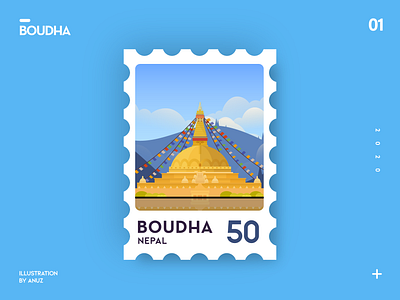 Boudha [Nepal] Stamp ancient temple flatdesign illustration nepal stamp design stylustechnology