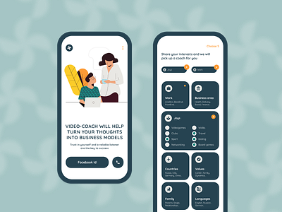 Video-coach app – Psychologists for businessmen business businessman coach design illustraion interests mental health mentor menu mobile mobile app onboarding psychologist settings ui ux