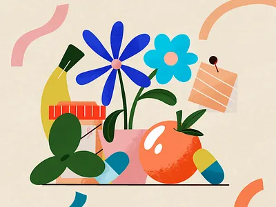 'preventative medicine' art balance bananas design diet fruit health illustration medicine orange pills plants procreate texture