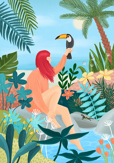 TUCAN animal bird illustration digital art drawing girl illustration nature painting peaceful portrait raiforest summer tropical tucan vacation woman