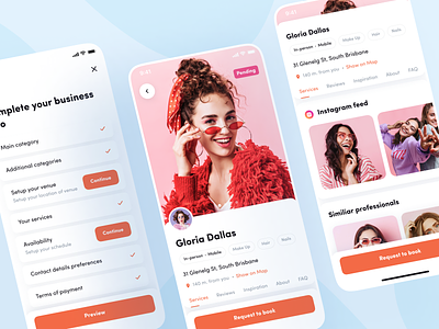Readyhubb. Mobile App to book beauty services app appointment beauty booking calendar chat design inbox instagram messages mobile notifications orange profile registration screen sign in sign up ui ux