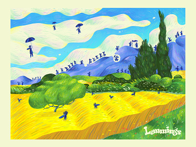 Lemmings - NES One Sheet amiga art direction character design color colour drawn exhibition fields for sale fun graphic illustration landscape lemmings photoshop prints texture van gogh video game whimsical