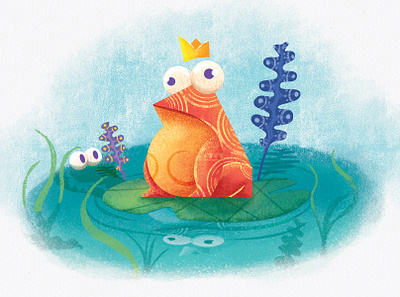 The Frog King affinity affinitydesigner algas blue brush crayon frog green habitat illustration king lake orange