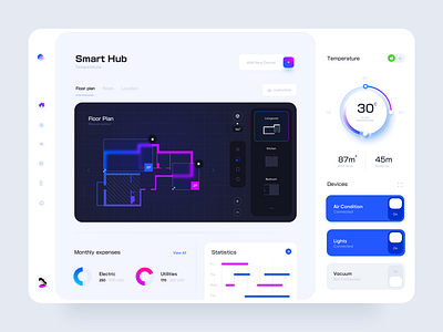 Smart Hub Web Application Design application clean ui control control panel dashboard design devices floorplan home minimal mobile app neumorphic smart smarthome statistics thermostat ui ux web app website