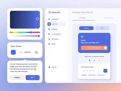 Live chat widget: customization | Lazarev. add app chat clean color palette custom customization customize design form live page product settings tool ui ui kit ux web widget