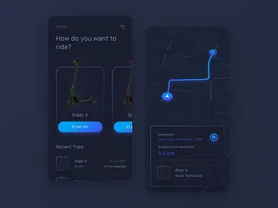 XRIDE Ride Tracker Concept (Dark Theme) app design kyran leech map neumorphism scooter tracker tracking app travel ui