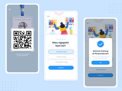 Library Check In app character checkin code design elibrary illustration mobile qr scan ui ux