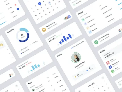 UI Components blue board budget calender card design events grey icon minimal overview profile progress project report team uidesign ux workspace
