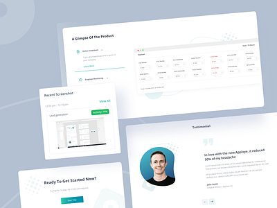 Time tracking landing UI components activity analytics app card components dashboard minimal project project management report screenshot testimonial time timeline timesheet tracker ui uidesign ux web