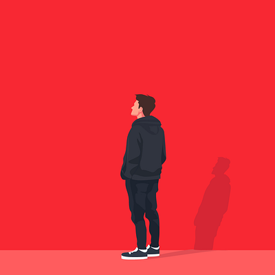 Lost in thought, standing tall in a world painted bold alone anxiety art boy depressed flat illustration illustration man red vector