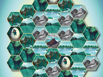 Lost Island Game Board board boardgame boardgames design digitalart digitalillustration dinosaur dinosaurs egg forrest games games design illustration lake mountains photoshop river trex volcano