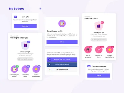 Gamification Badges app app design badges cards design gamification gift locked login loyalty mobile popup steps ui unlock ux