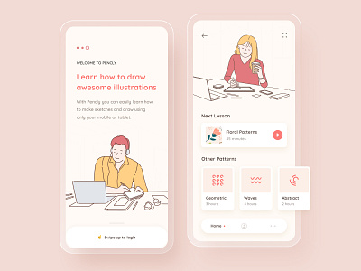 Illustration learning mobile app - Pencly dashboard elearning girl home illustration learning learning app lesson listing man mobile mobile app mobile ui onboarding red sketch startup ui yellow