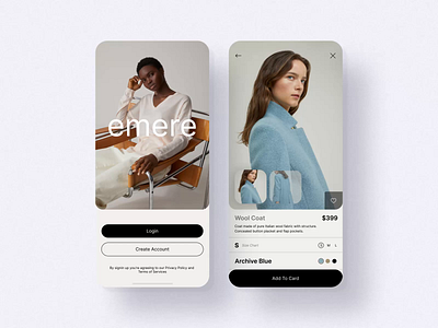 Emere / Shopping App animation app clothes concept fashion figma flat icon illustration imagery minimal mobile photos shop shopping app typography ui ux web website